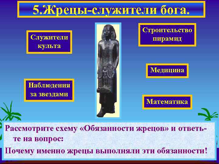5. Жрецы-служители бога. Служители культа Строительство пирамид Медицина Наблюдения за звездами Математика Рассмотрите схему