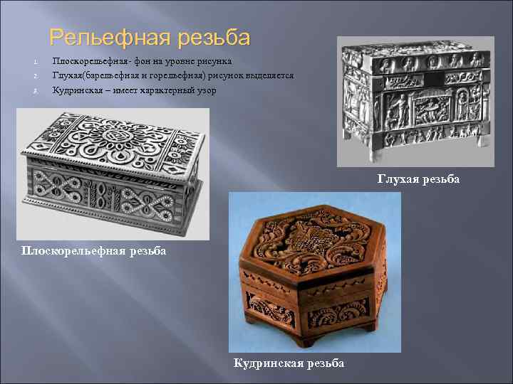Рельефная резьба 1. 2. 3. Плоскорельефная- фон на уровне рисунка Глухая(барельефная и горельефная) рисунок