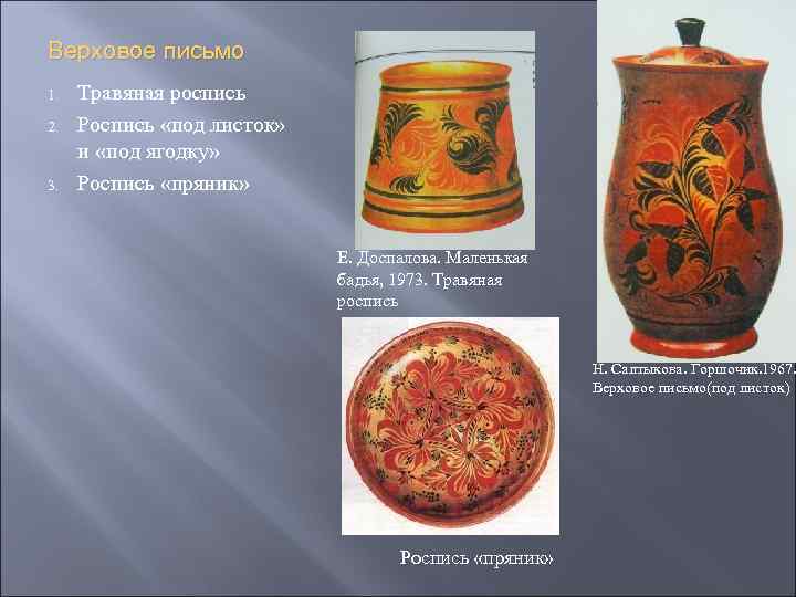 Верховое письмо 1. 2. 3. Травяная роспись Роспись «под листок» и «под ягодку» Роспись