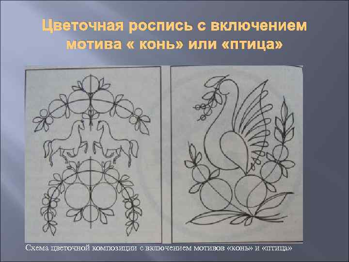 Цветочная роспись с включением мотива « конь» или «птица» Схема цветочной композиции с включением