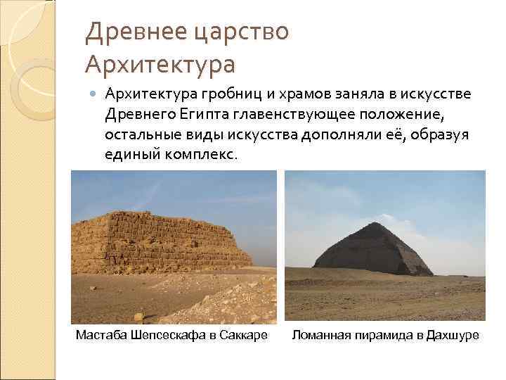 Древнее царство Архитектура гробниц и храмов заняла в искусстве Древнего Египта главенствующее положение, остальные
