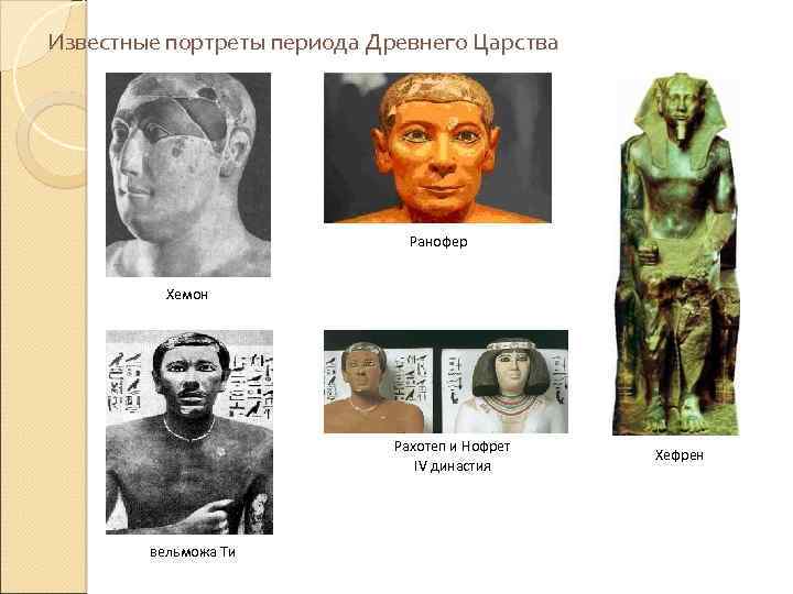  Известные портреты периода Древнего Царства Ранофер Хемон Рахотеп и Нофрет IV династия вельможа