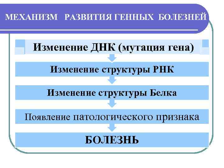 МЕХАНИЗМ РАЗВИТИЯ ГЕННЫХ БОЛЕЗНЕЙ Изменение ДНК (мутация гена) Изменение структуры РНК Изменение структуры Белка
