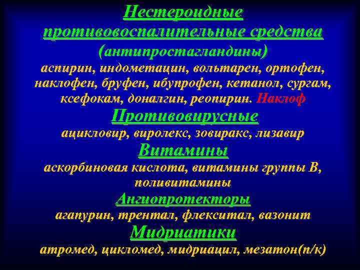 Нестероидные противовоспалительные средства (антипростагландины) аспирин, индометацин, вольтарен, ортофен, наклофен, бруфен, ибупрофен, кетанол, сургам, ксефокам,