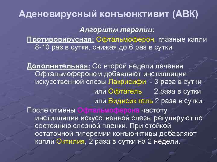 Аденовирусный конъюнктивит (АВК) Алгоритм терапии: Противовирусная: Офтальмоферон, глазные капли 8 -10 раз в сутки,