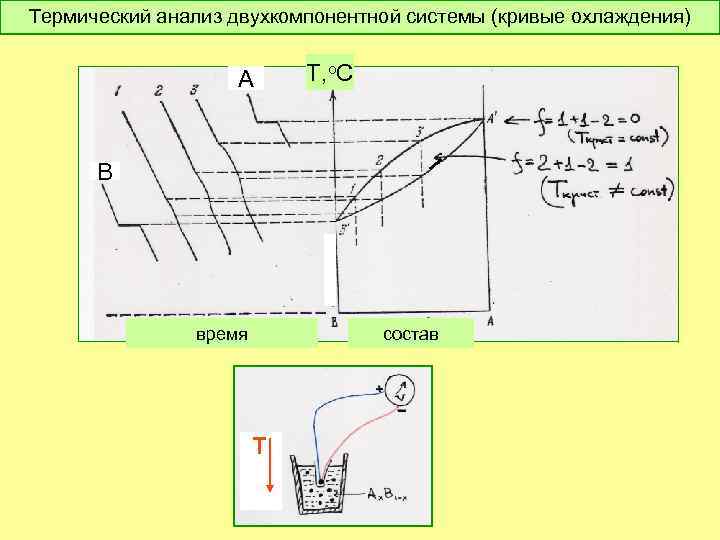 Термический анализ двухкомпонентной системы (кривые охлаждения) А Т, о. С В время состав Т