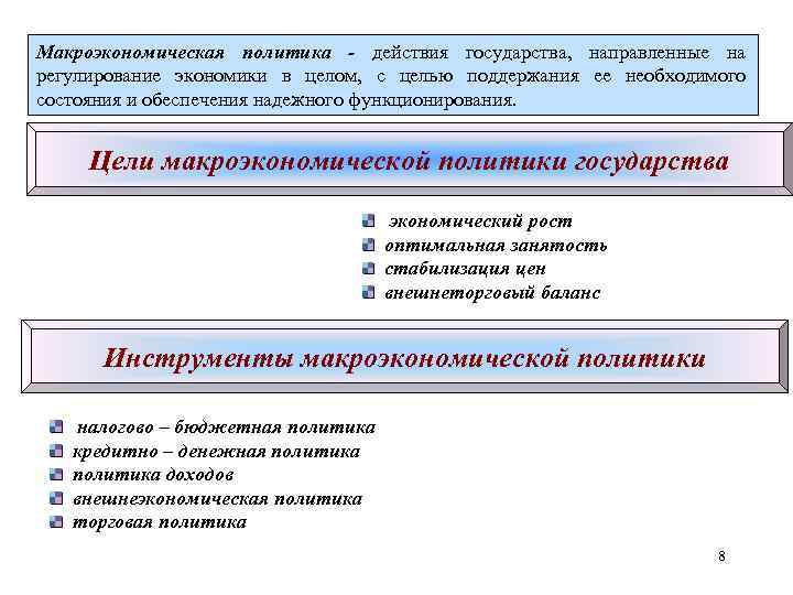 Макроэкономическая политика - действия государства, направленные на регулирование экономики в целом, с целью поддержания