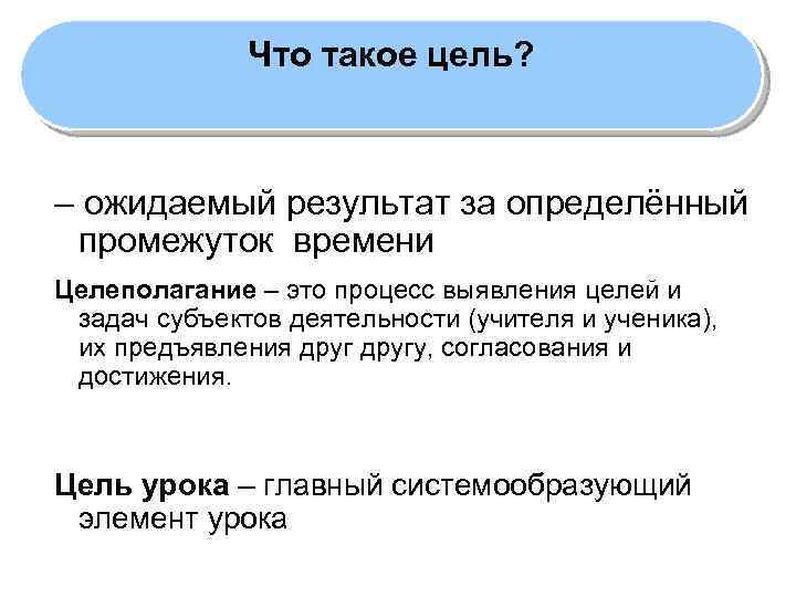 Что такое цель? – ожидаемый результат за определённый промежуток времени Целеполагание – это процесс