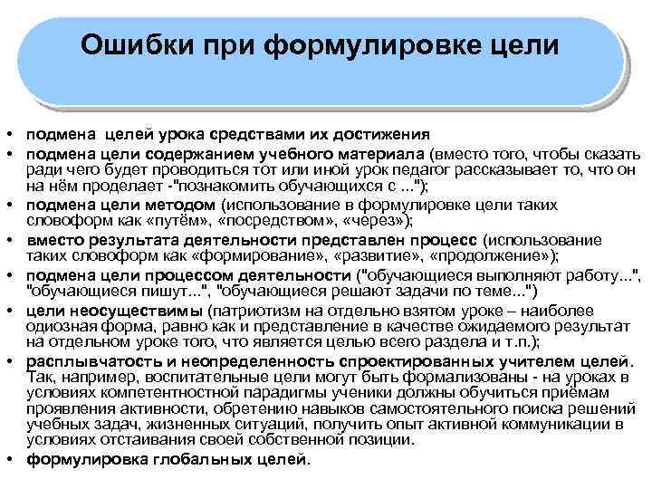 Ошибки при формулировке цели • подмена целей урока средствами их достижения • подмена цели