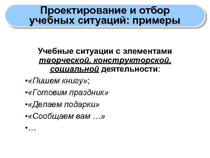 Проектирование и отбор учебных ситуаций: примеры Учебные ситуации с элементами творческой, конструкторской, социальной деятельности: