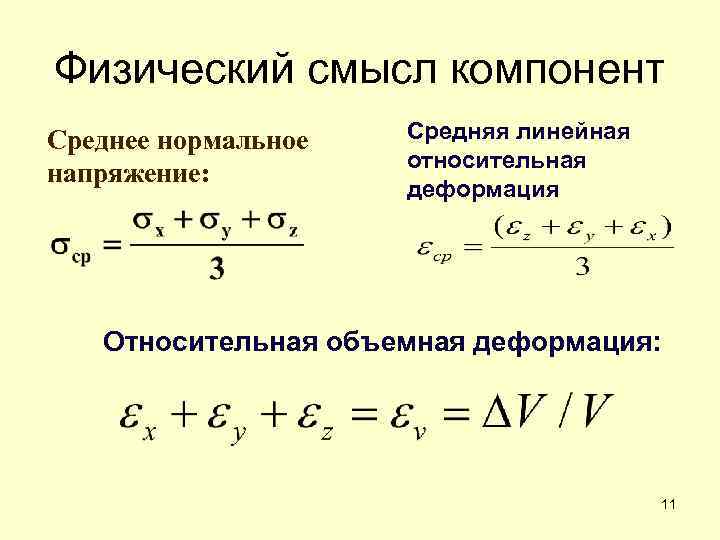 Физический смысл компонент Среднее нормальное напряжение: Средняя линейная относительная деформация Относительная объемная деформация: 11