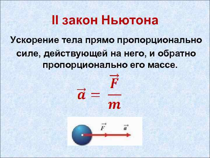 II закон Ньютона Ускорение тела прямо пропорционально силе, действующей на него, и обратно пропорционально