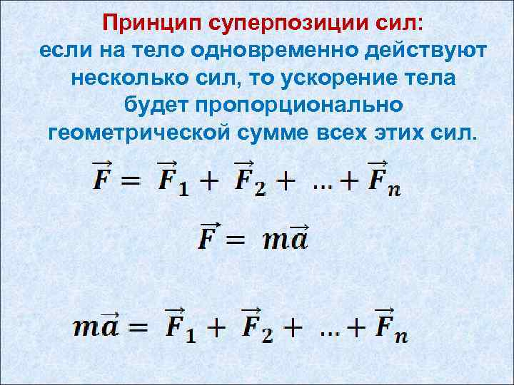 Принцип суперпозиции сил: если на тело одновременно действуют несколько сил, то ускорение тела будет