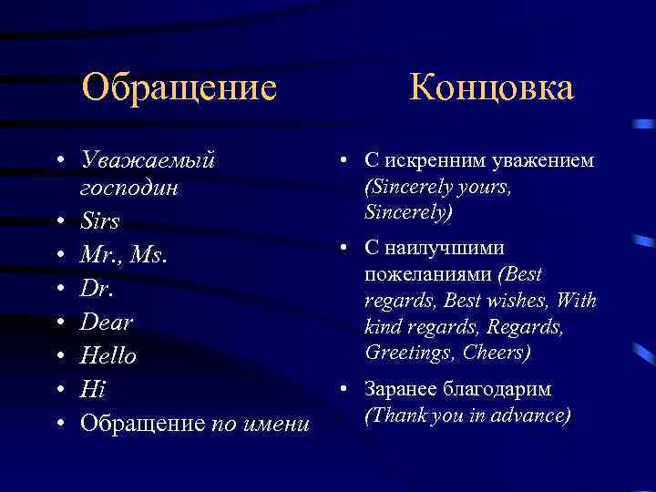 Обращение Концовка • С искренним уважением • Уважаемый (Sincerely yours, господин Sincerely) • Sirs