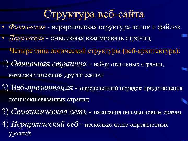Структура веб-сайта • Физическая - иерархическая структура папок и файлов • Логическая - смысловая