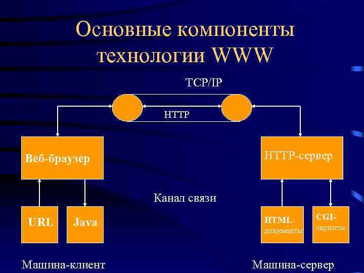 Основные компоненты технологии WWW TCP/IP HTTP-сервер Веб-браузер Канал связи URL Java Машина-клиент HTMLдокументы CGIскрипты
