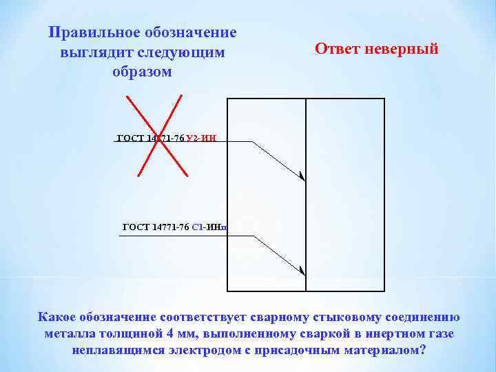 Правильное обозначение выглядит следующим образом Ответ неверный ГОСТ 14771 -76 У 2 -ИН ГОСТ