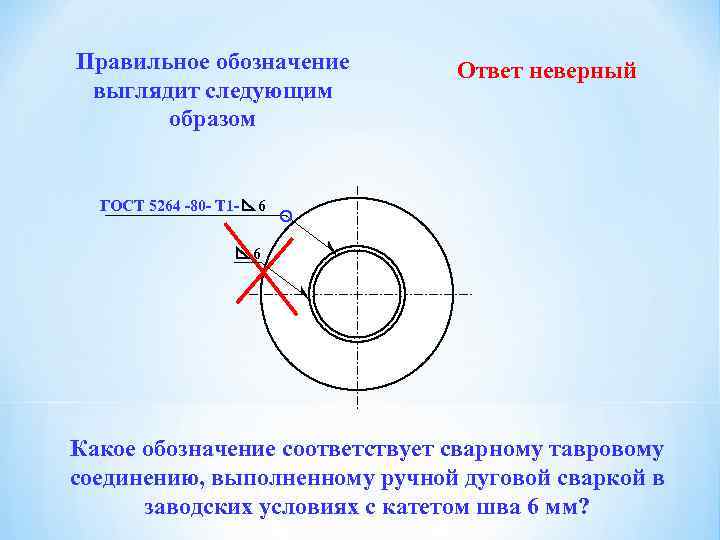 Правильное обозначение выглядит следующим образом ГОСТ 5264 -80 - Т 1 - Ответ неверный