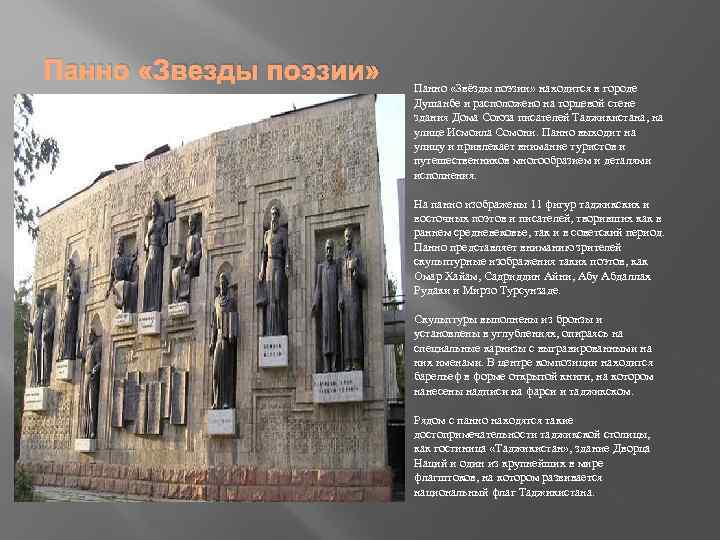 Панно «Звезды поэзии» Панно «Звёзды поэзии» находится в городе Душанбе и расположено на торцевой