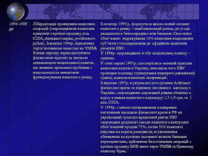 1994 -1998 рр. Лібералізація проведення валютних операцій (запровадження валютних аукціонів з купівлі-продажу дол. США,