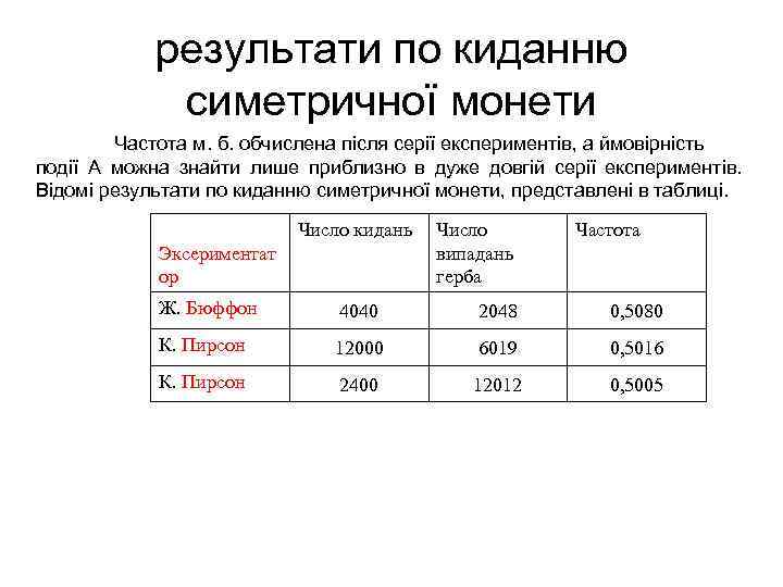 результати по киданню симетричної монети Частота м. б. обчислена після серії експериментів, а ймовірність