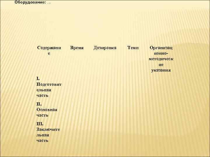 Оборудование: … Содержани е I. Подготовит ельная часть Время Дозировка Темп Организац ионнометодическ ие