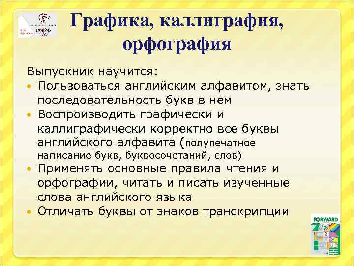 Графика, каллиграфия, орфография Выпускник научится: Пользоваться английским алфавитом, знать последовательность букв в нем Воспроизводить