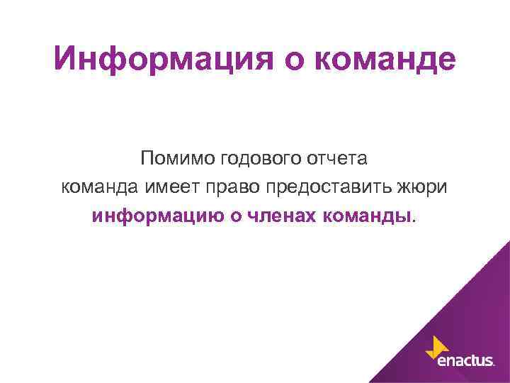 Информация о команде Помимо годового отчета команда имеет право предоставить жюри информацию о членах