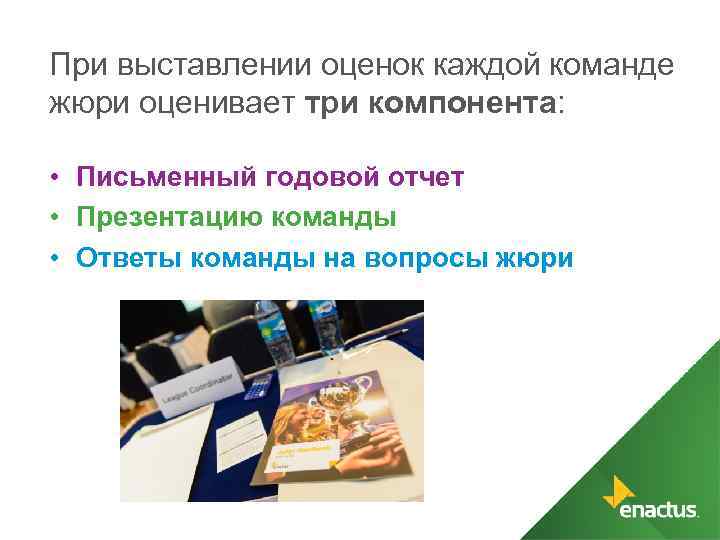 При выставлении оценок каждой команде жюри оценивает три компонента: • Письменный годовой отчет •