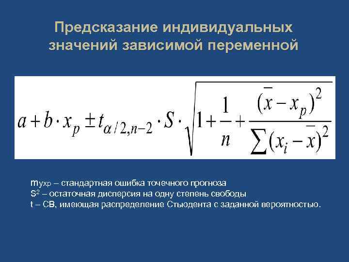 Предсказание индивидуальных значений зависимой переменной myxp – стандартная ошибка точечного прогноза S 2 –