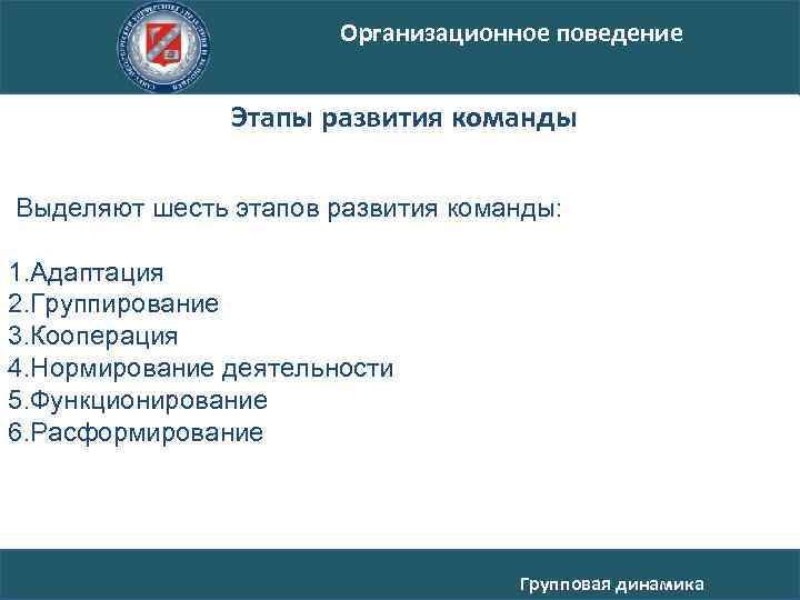 Организационное поведение Этапы развития команды Выделяют шесть этапов развития команды: 1. Адаптация 2. Группирование