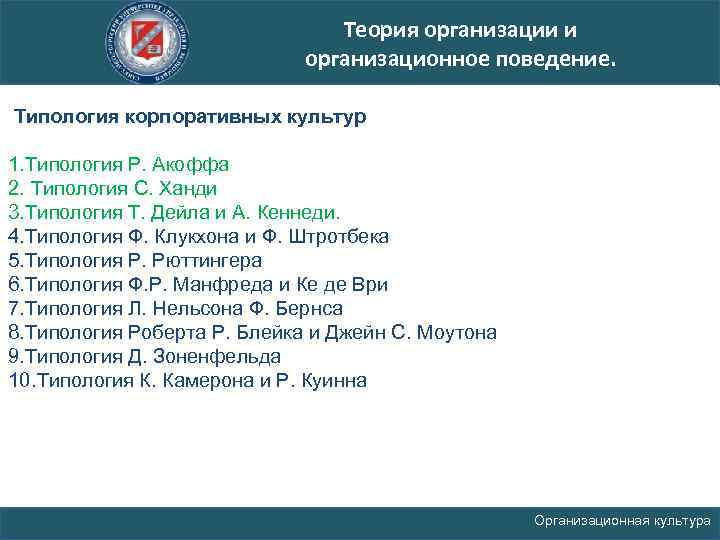 Теория организации и организационное поведение. Типология корпоративных культур 1. Типология Р. Акоффа 2. Типология