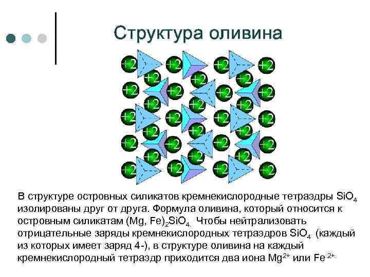 Структура оливина В структуре островных силикатов кремнекислородные тетраэдры Si. O 4 изолированы друг от