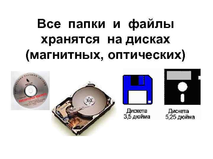 Все папки и файлы хранятся на дисках (магнитных, оптических) 