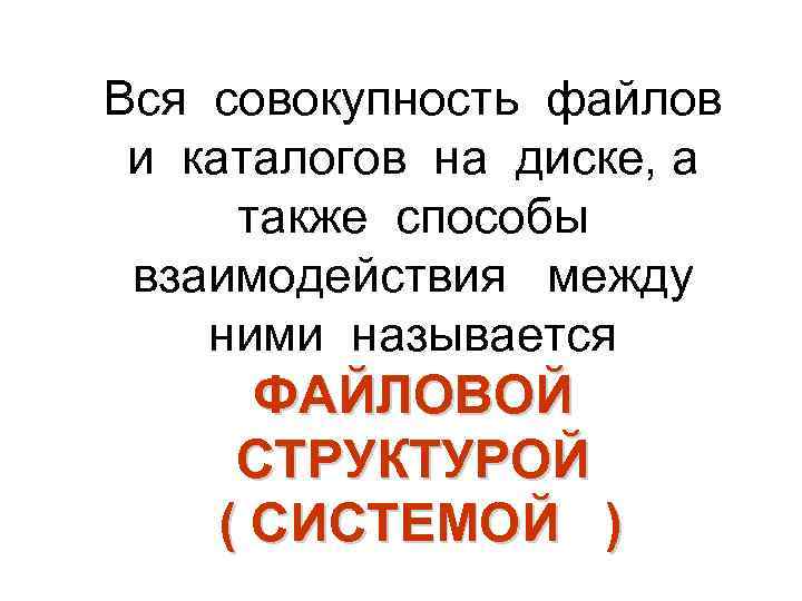 Вся совокупность файлов и каталогов на диске, а также способы взаимодействия между ними называется