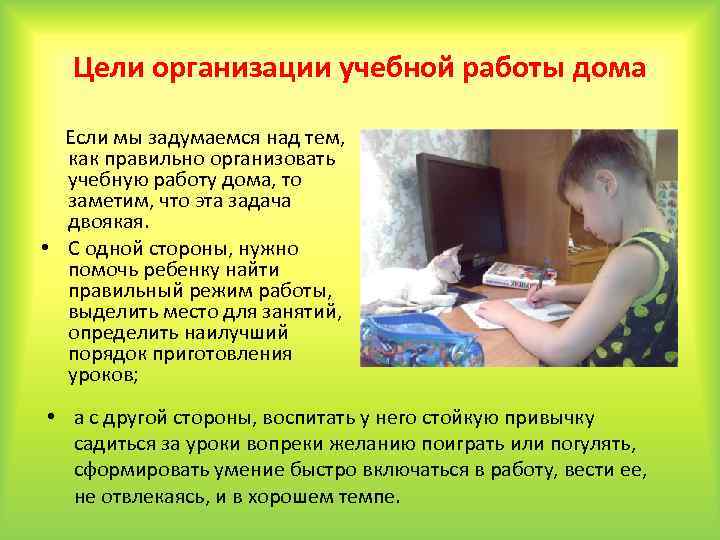 Цели организации учебной работы дома Если мы задумаемся над тем, как правильно организовать учебную