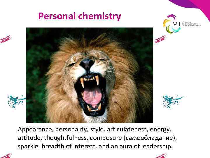 Personal chemistry Appearance, personality, style, articulateness, energy, attitude, thoughtfulness, composure (самообладание), sparkle, breadth of