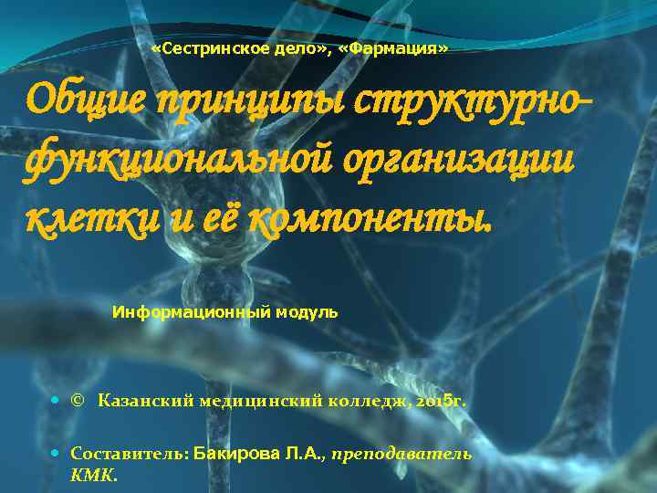  «Сестринское дело» , «Фармация» Общие принципы структурнофункциональной организации клетки и её компоненты. Информационный