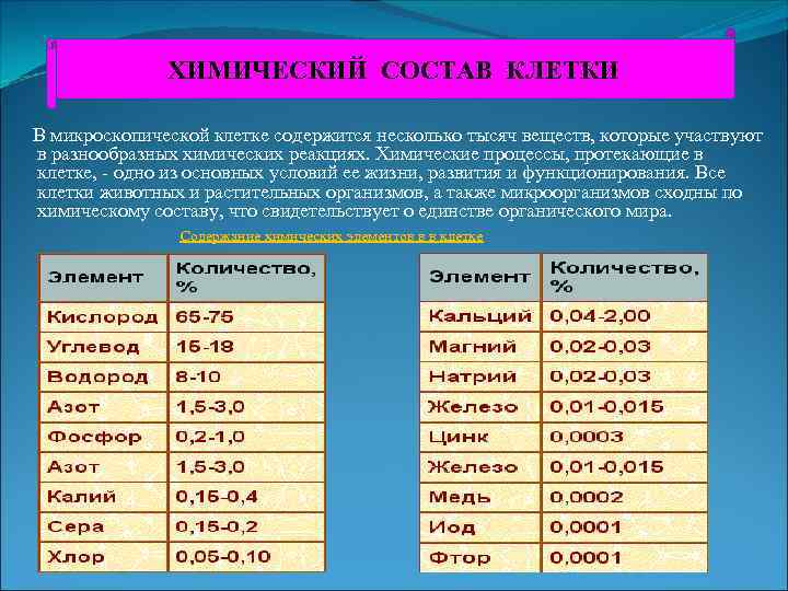 ХИМИЧЕСКИЙ СОСТАВ КЛЕТКИ В микроскопической клетке содержится несколько тысяч веществ, которые участвуют в разнообразных