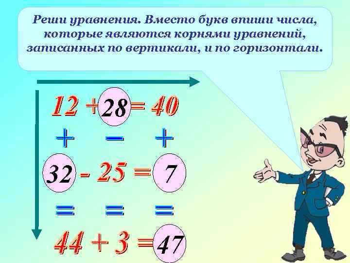 Реши уравнения. Вместо букв впиши числа, которые являются корнями уравнений, записанных по вертикали, и