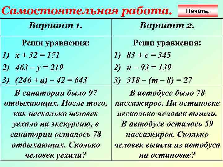 Самостоятельная работа. Печать. Вариант 1. Вариант 2. Реши уравнения: 1) х + 32 =