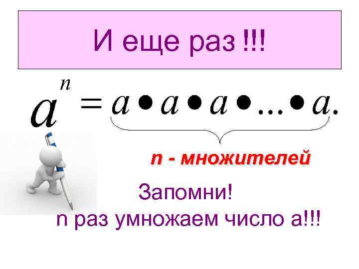 И еще раз !!! n - множителей Запомни! n раз умножаем число а!!! 