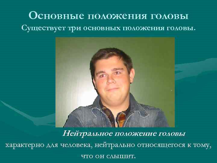 Основные положения головы Существует три основных положения головы. Нейтральное положение головы характерно для человека,