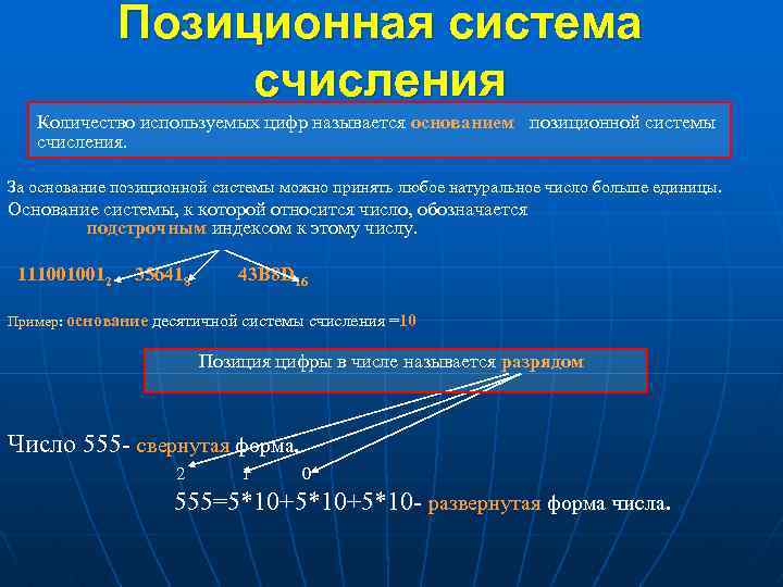 Позиционная система счисления Количество используемых цифр называется основанием позиционной системы счисления. За основание позиционной