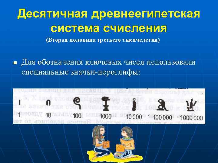 Десятичная древнеегипетская система счисления (Вторая половина третьего тысячелетия) n Для обозначения ключевых чисел использовали