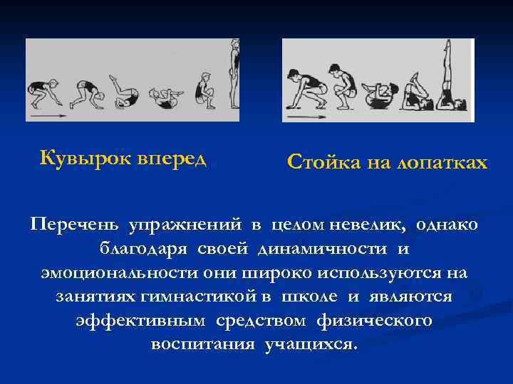 Кувырок вперед Стойка на лопатках Перечень упражнений в целом невелик, однако благодаря своей динамичности