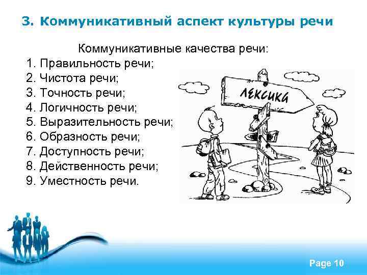 3. Коммуникативный аспект культуры речи Коммуникативные качества речи: 1. Правильность речи; 2. Чистота речи;