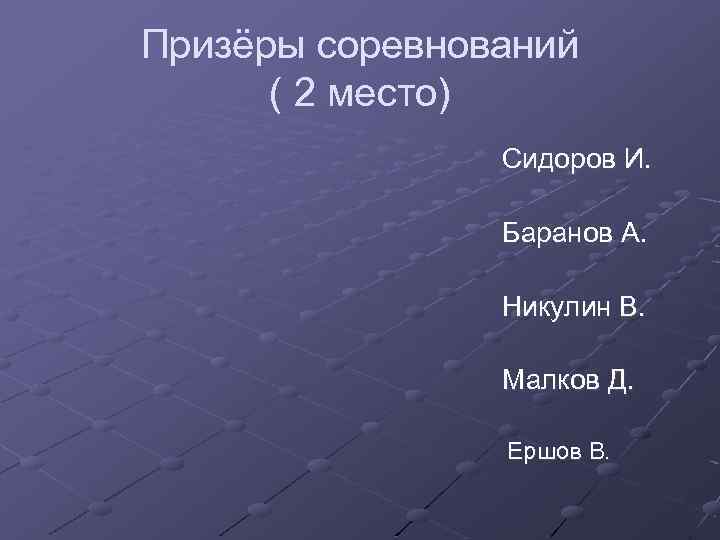 Призёры соревнований ( 2 место) Сидоров И. Баранов А. Никулин В. Малков Д. Ершов