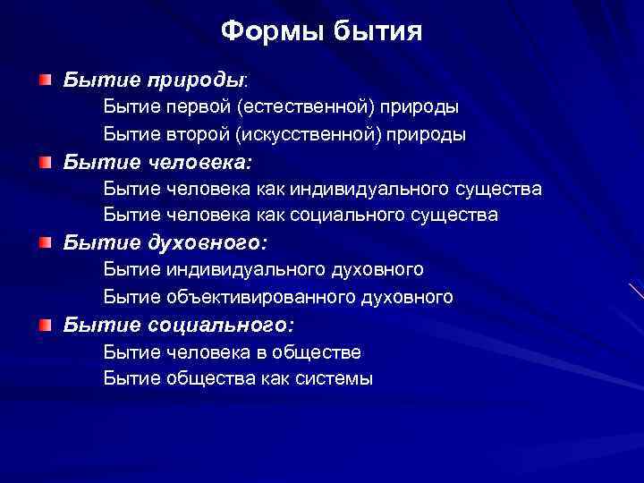 Формы бытия Бытие природы: Бытие первой (естественной) природы Бытие второй (искусственной) природы Бытие человека: