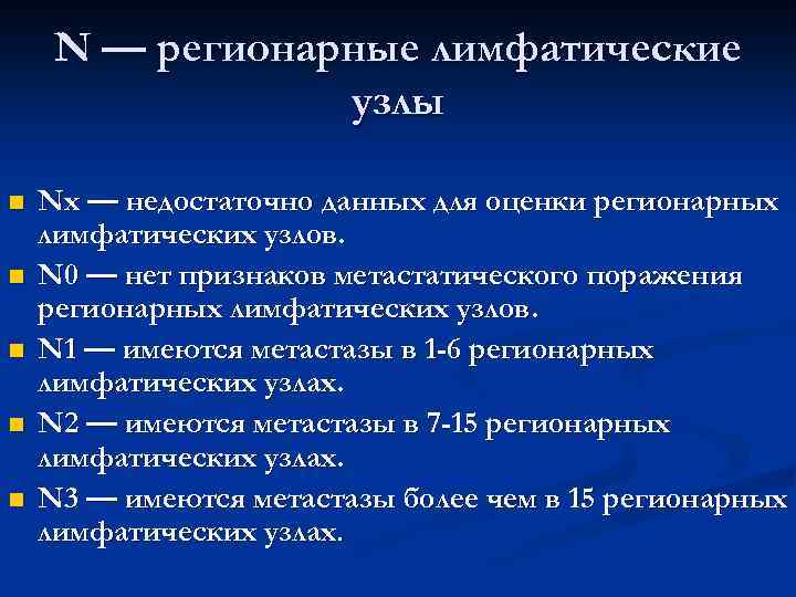  N — регионарные лимфатические узлы n Nx — недостаточно данных для оценки регионарных